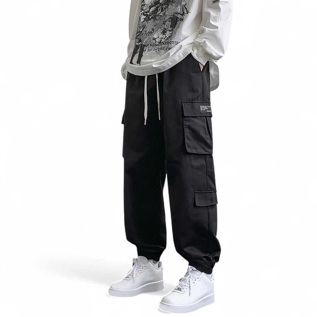 Men’s Japanese streetwear black cargo pants with drawstring waist and slogan patch pockets