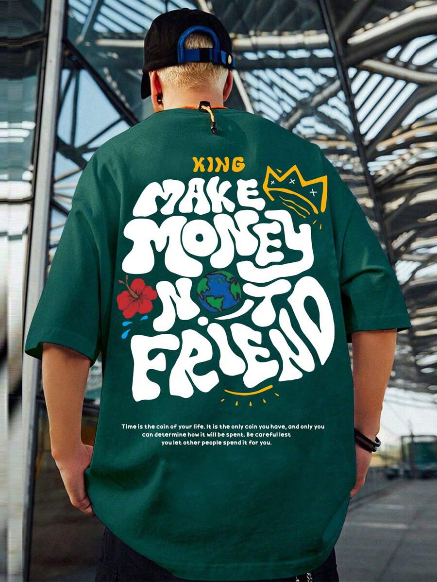 Japanese streetwear hip-hop graphic tee make money not friend oversized t-shirt green