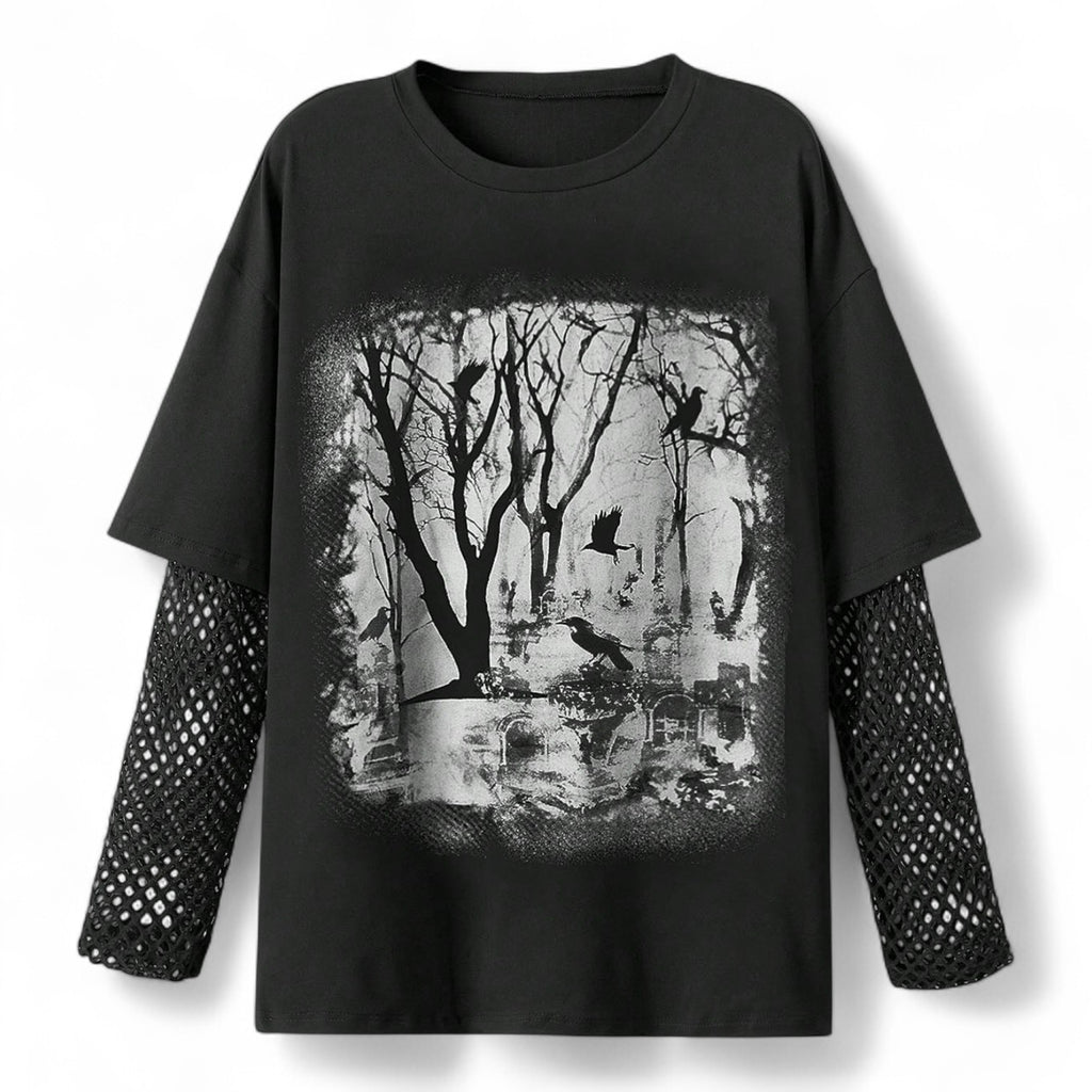 GOTHIC FOREST MESH LAYERED TEE – DARK STREETWEAR LONG SLEEVE TOP