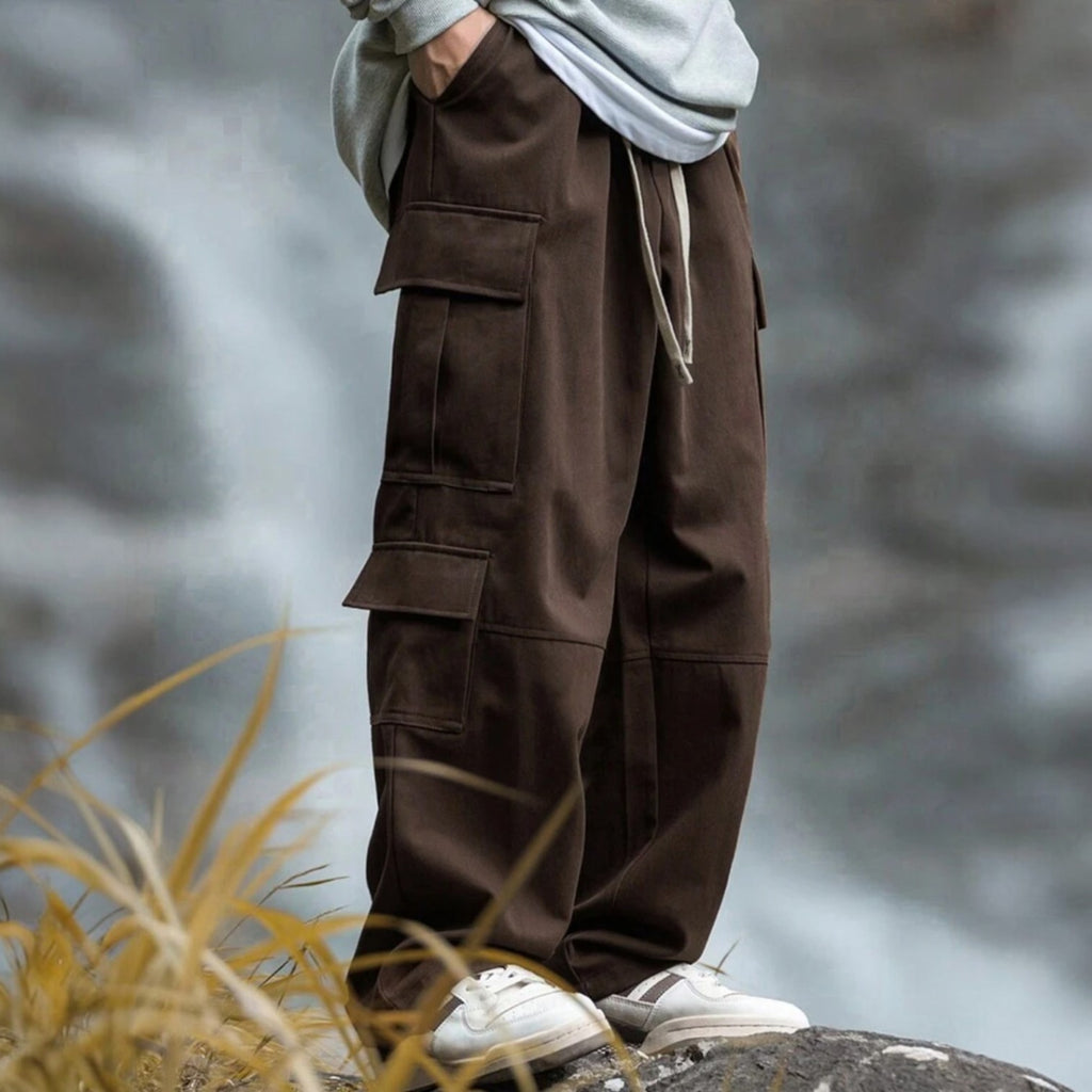 Brown straight-leg cargo pants with drawstring waist and oversized utility pockets – Japanese streetwear trousers