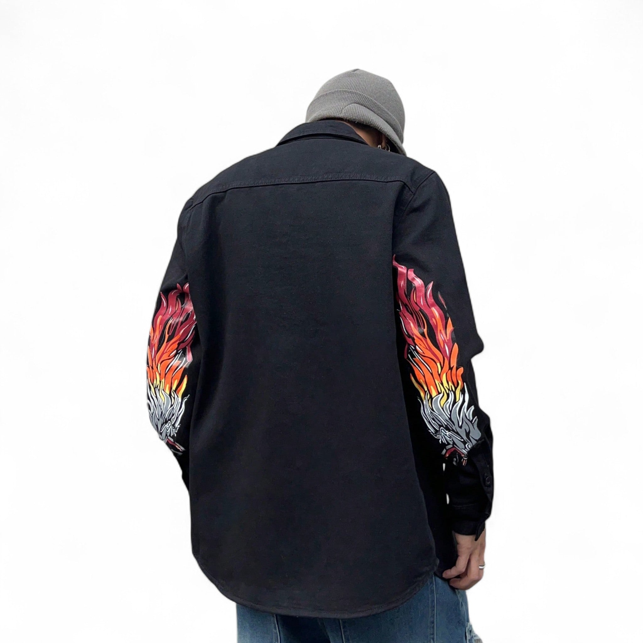 Japanese streetwear men’s denim shirt – oversized black button-up with fire graphic sleeves