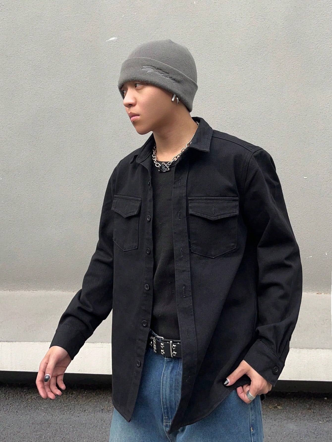 Japanese streetwear men’s denim shirt – oversized black button-up with fire graphic sleeves