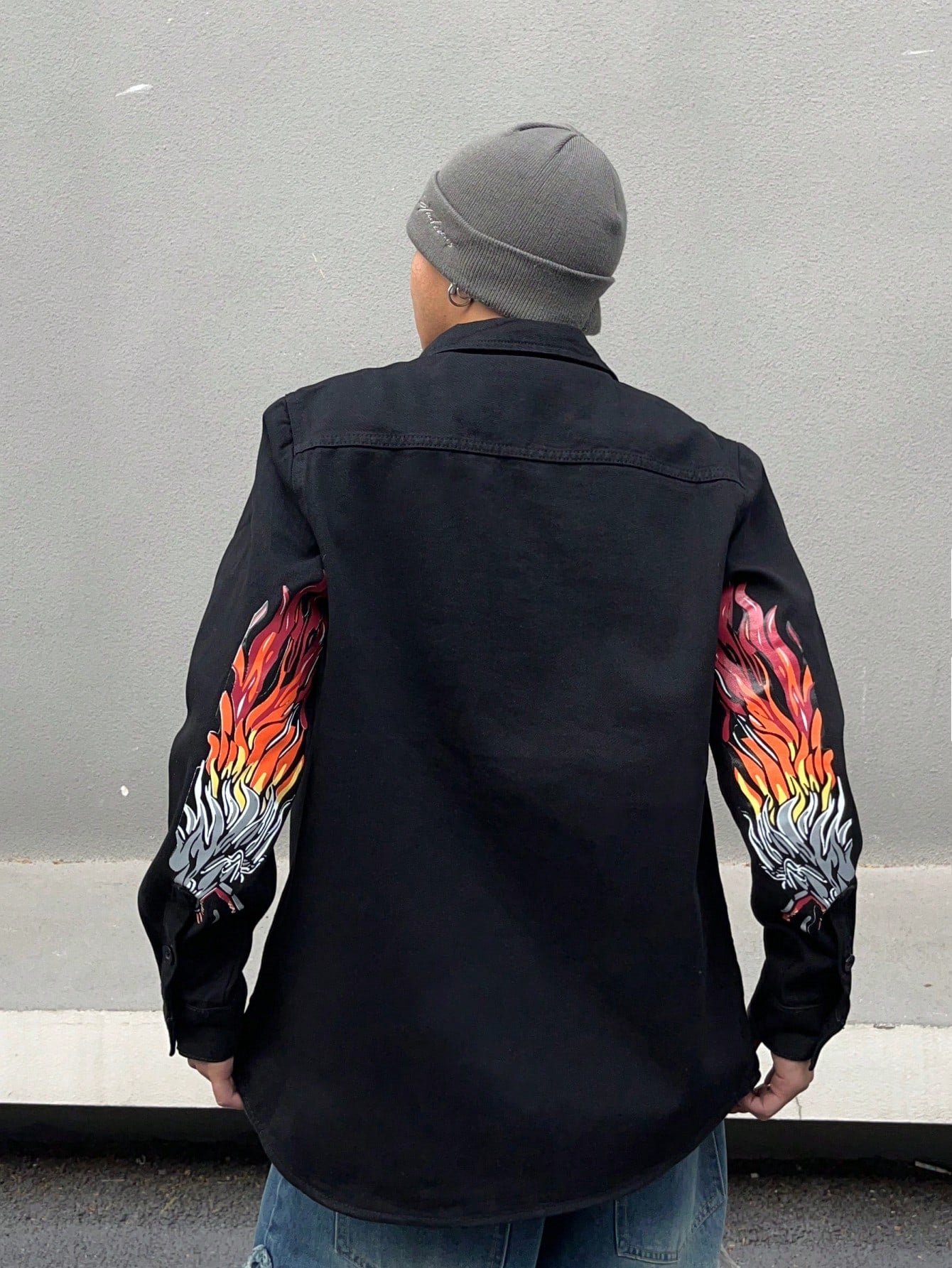 Japanese streetwear men’s denim shirt – oversized black button-up with fire graphic sleeves