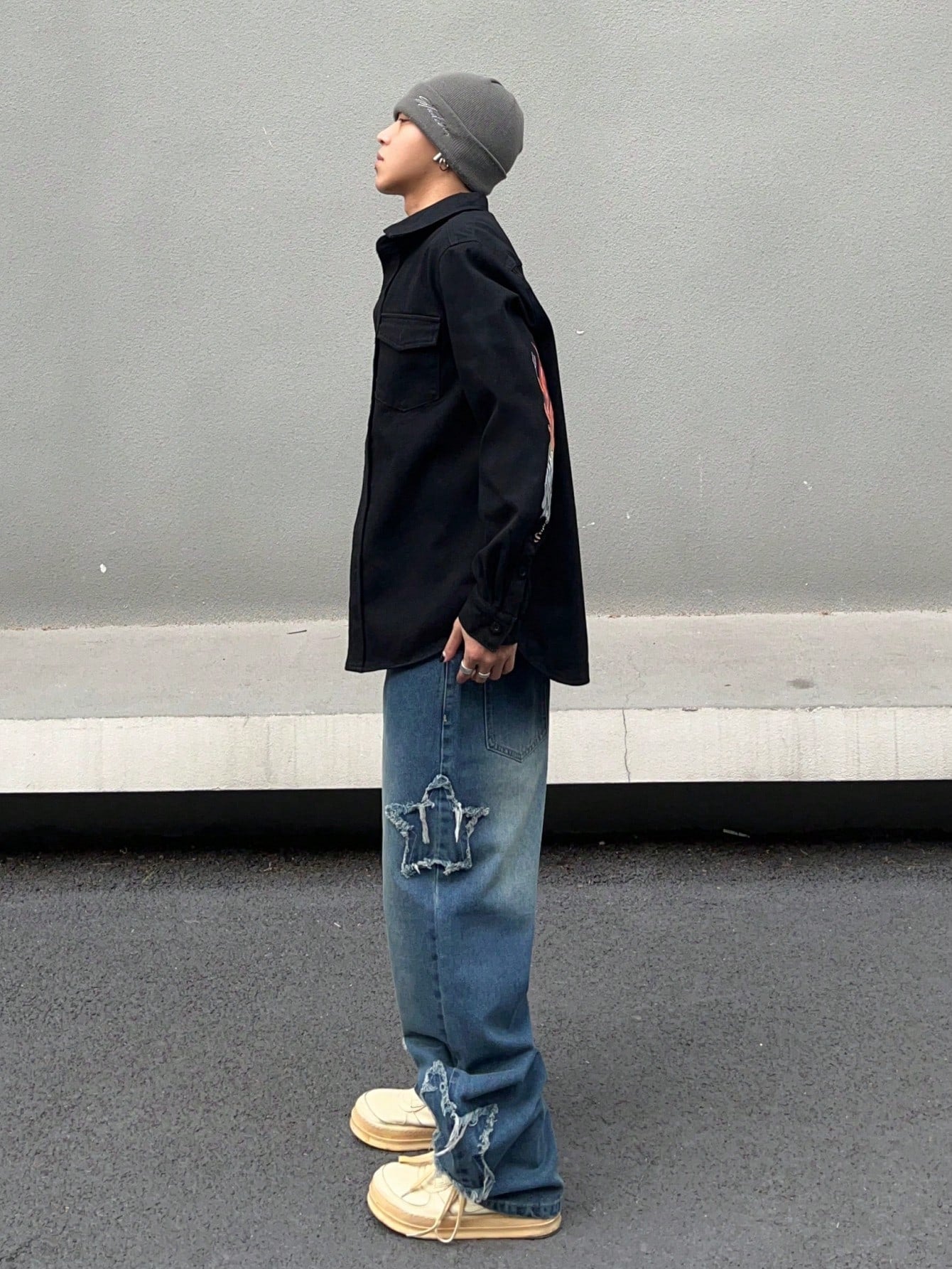 Japanese streetwear men’s denim shirt – oversized black button-up with fire graphic sleeves