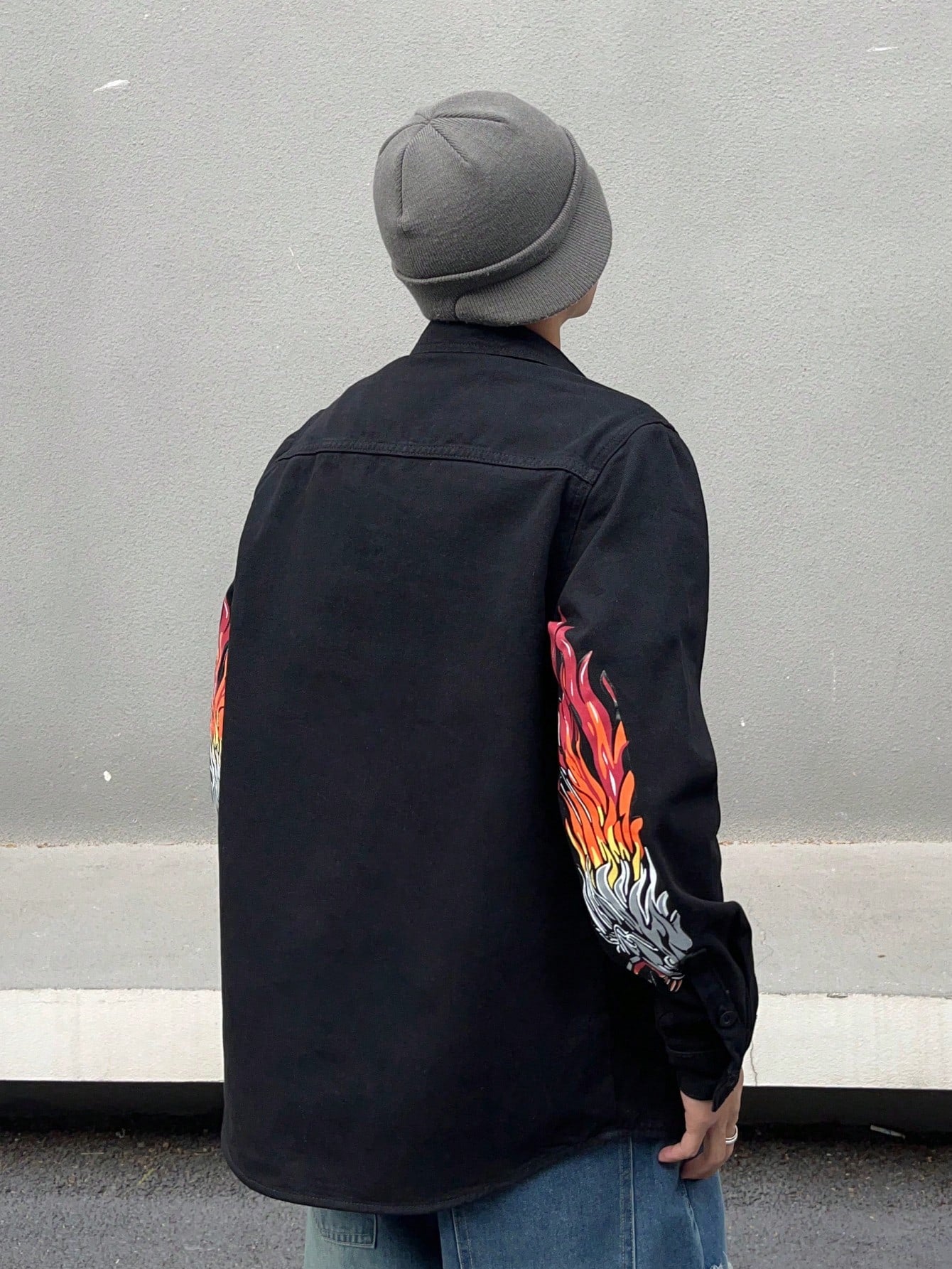 Japanese streetwear men’s denim shirt – oversized black button-up with fire graphic sleeves