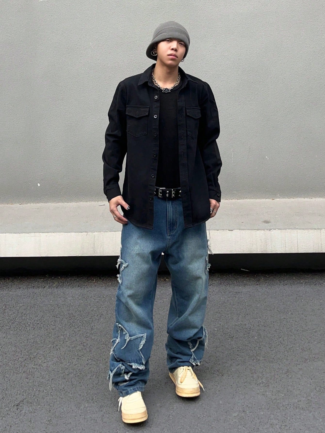 Japanese streetwear men’s denim shirt – oversized black button-up with fire graphic sleeves