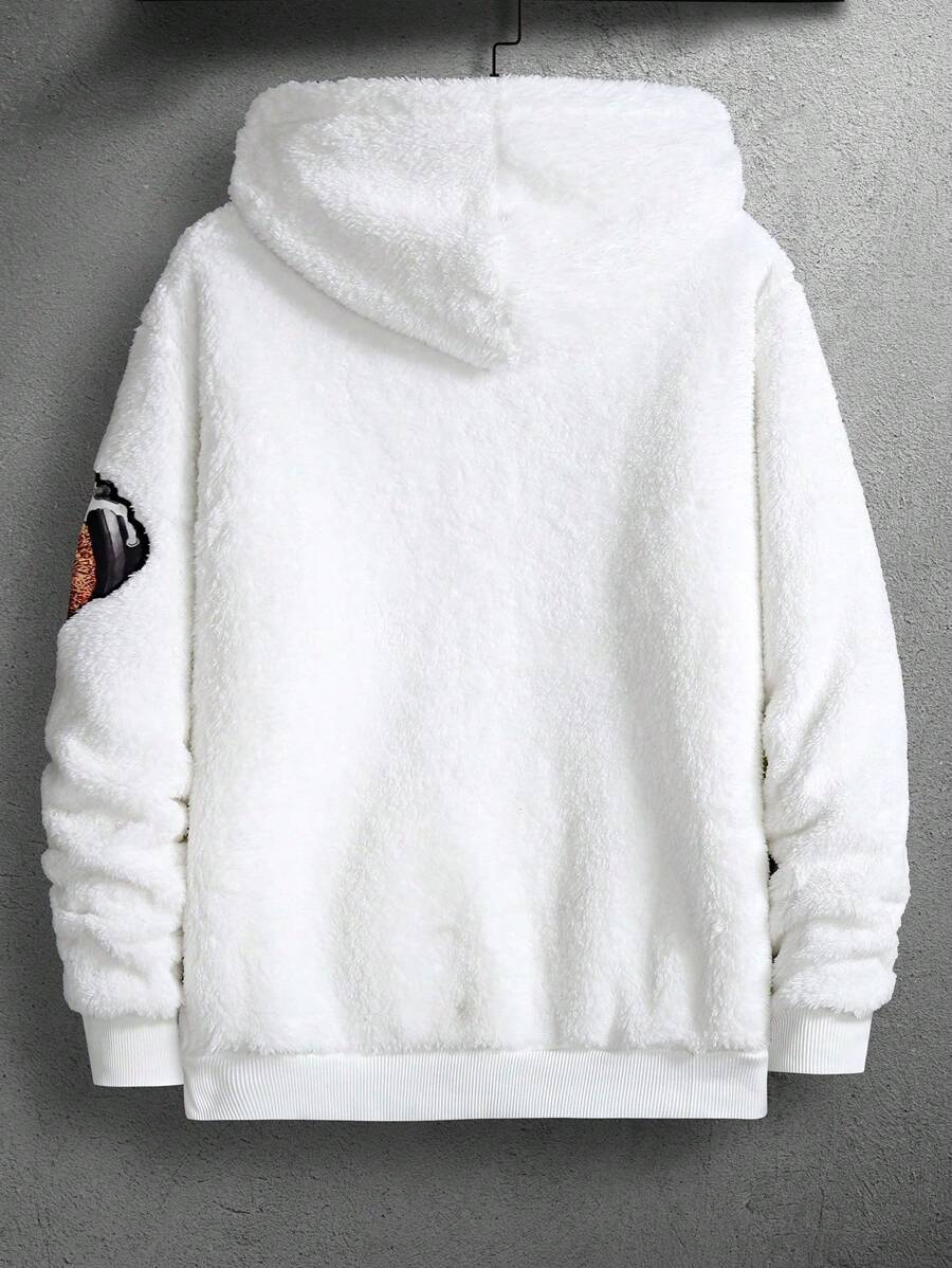 Japanese streetwear white teddy hoodie – fuzzy oversized hoodie with bear headphones print on front and sleeve