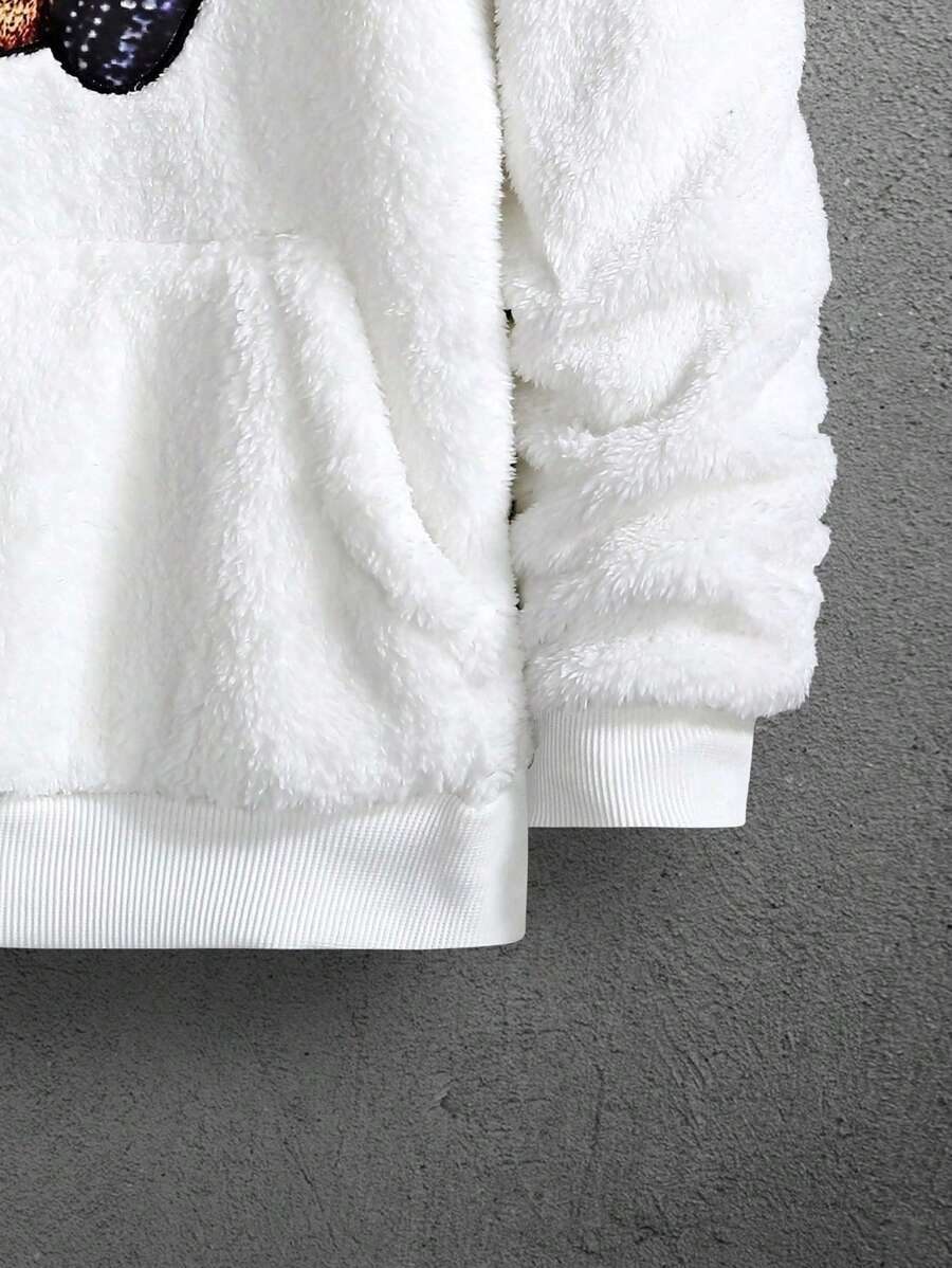 Japanese streetwear white teddy hoodie – fuzzy oversized hoodie with bear headphones print on front and sleeve