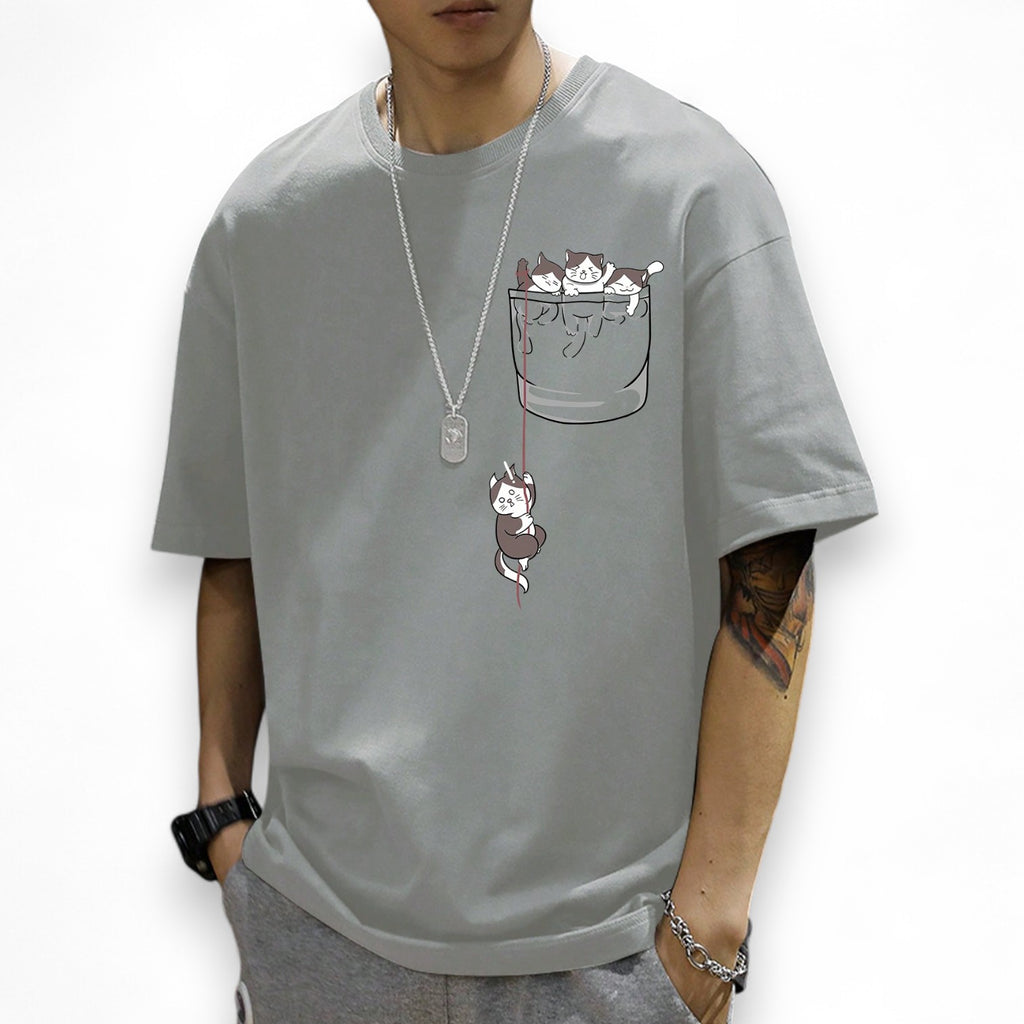 Cute cartoon cat pocket print T-shirt in grey – Kawaii Japanese streetwear oversized style


