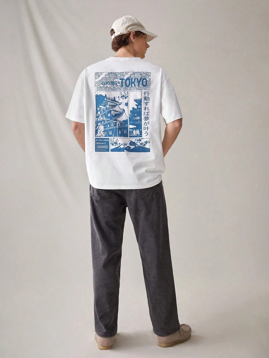 Tokyo oversized streetwear T-shirt with Japanese graphic print, slogan, and loose drop-shoulder fit