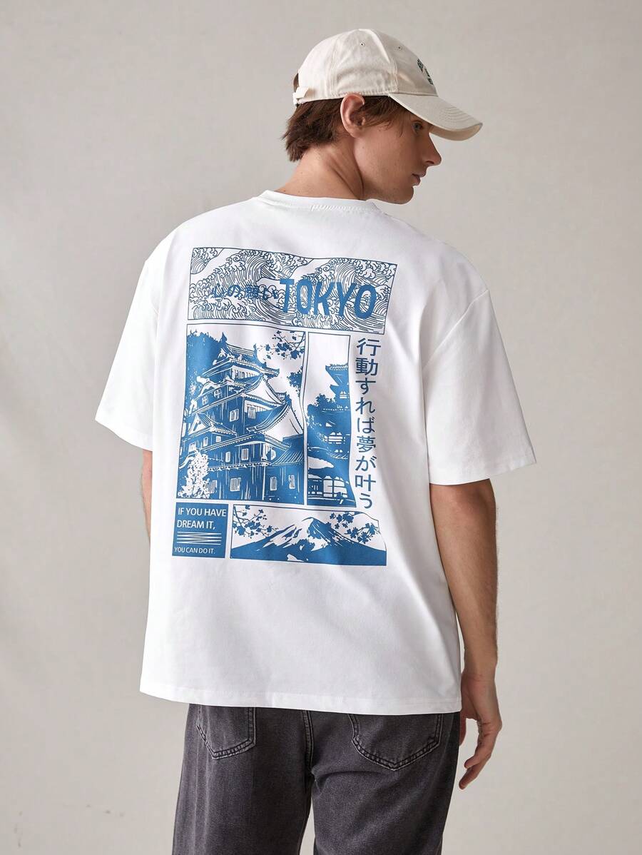 Tokyo oversized streetwear T-shirt with Japanese graphic print, slogan, and loose drop-shoulder fit