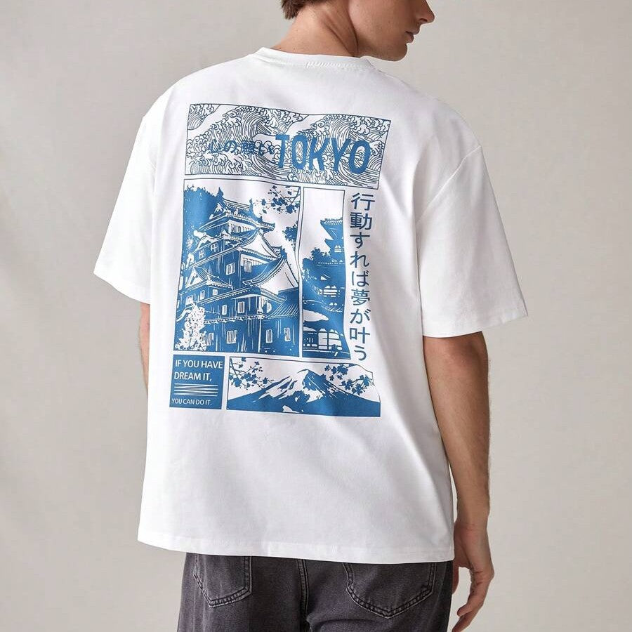 Tokyo oversized streetwear T-shirt with Japanese graphic print, slogan, and loose drop-shoulder fit
