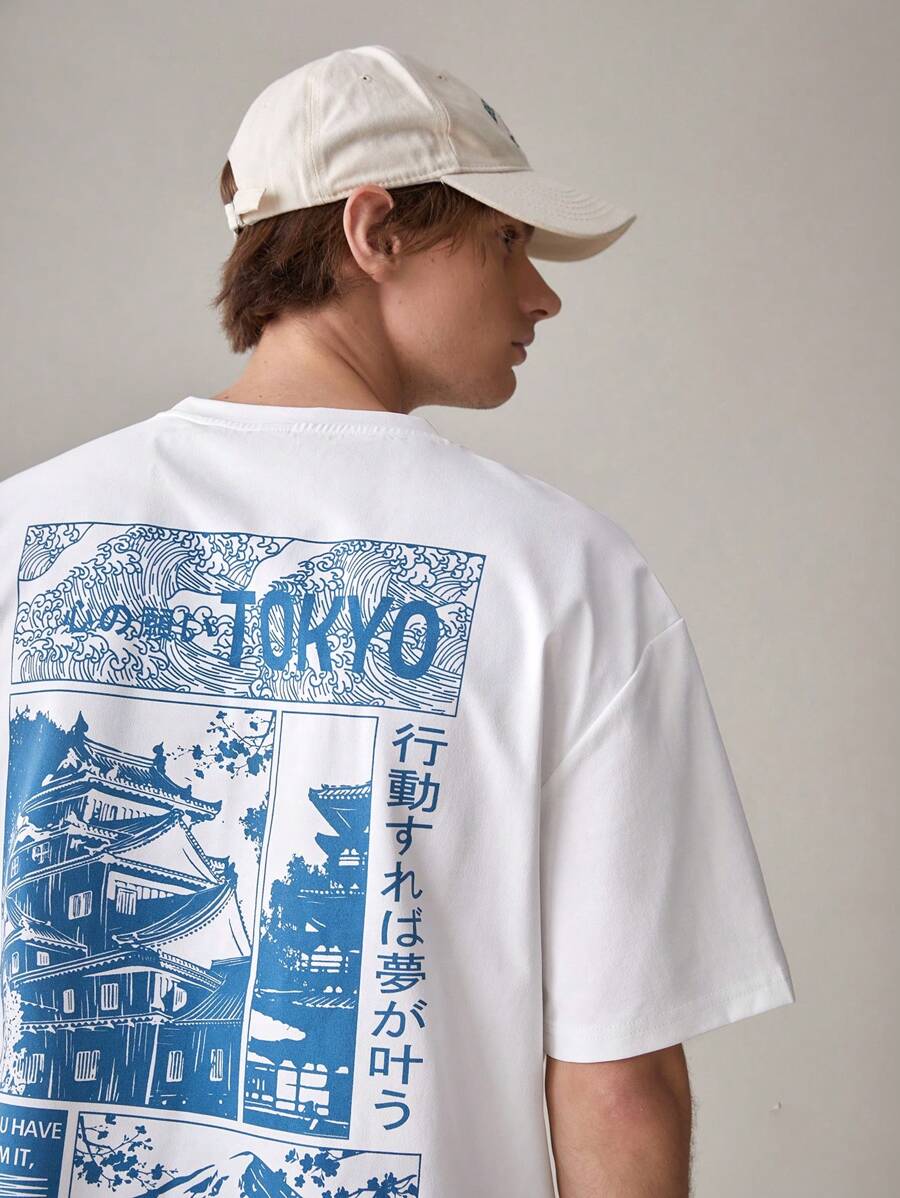 Tokyo oversized streetwear T-shirt with Japanese graphic print, slogan, and loose drop-shoulder fit
