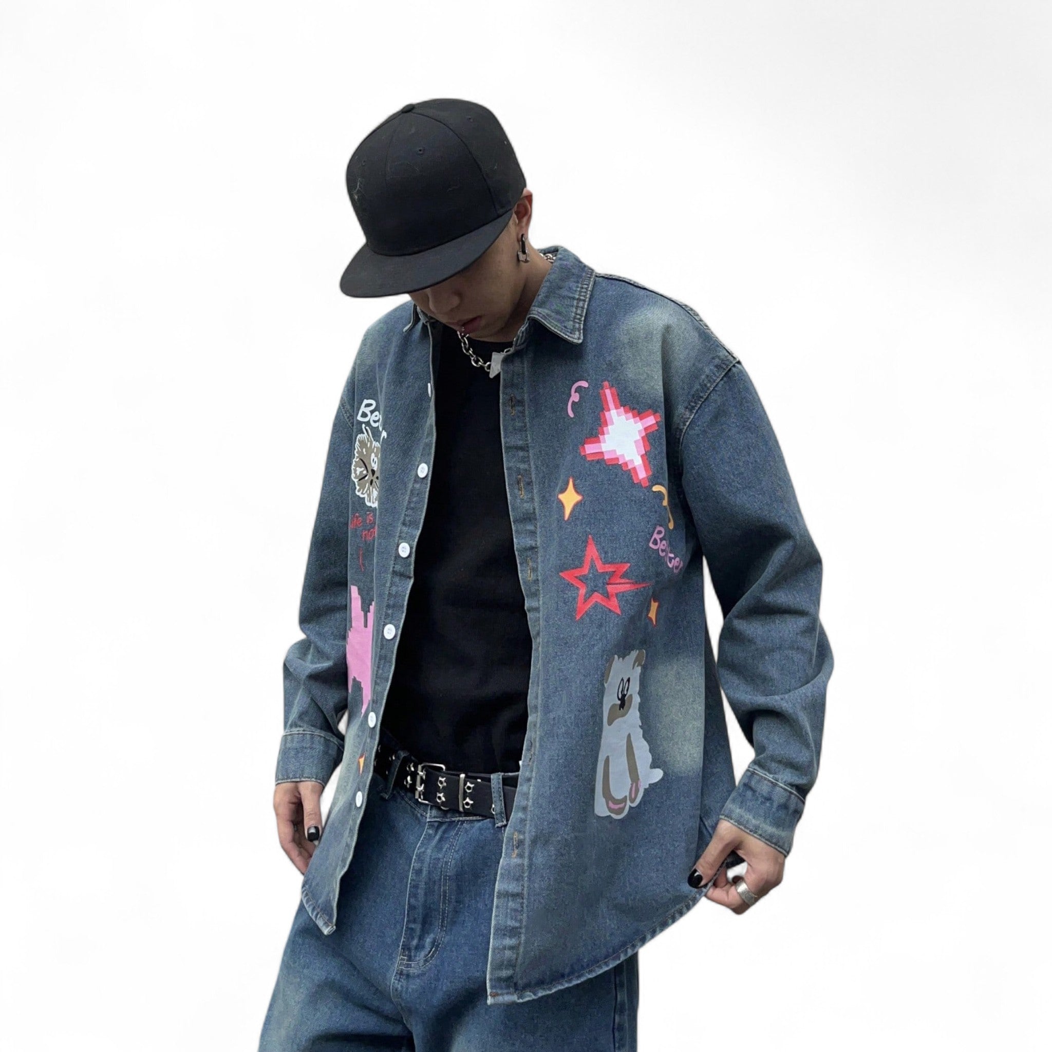 Japanese streetwear blue denim shirt – oversized cartoon star graphic print button-up long sleeve