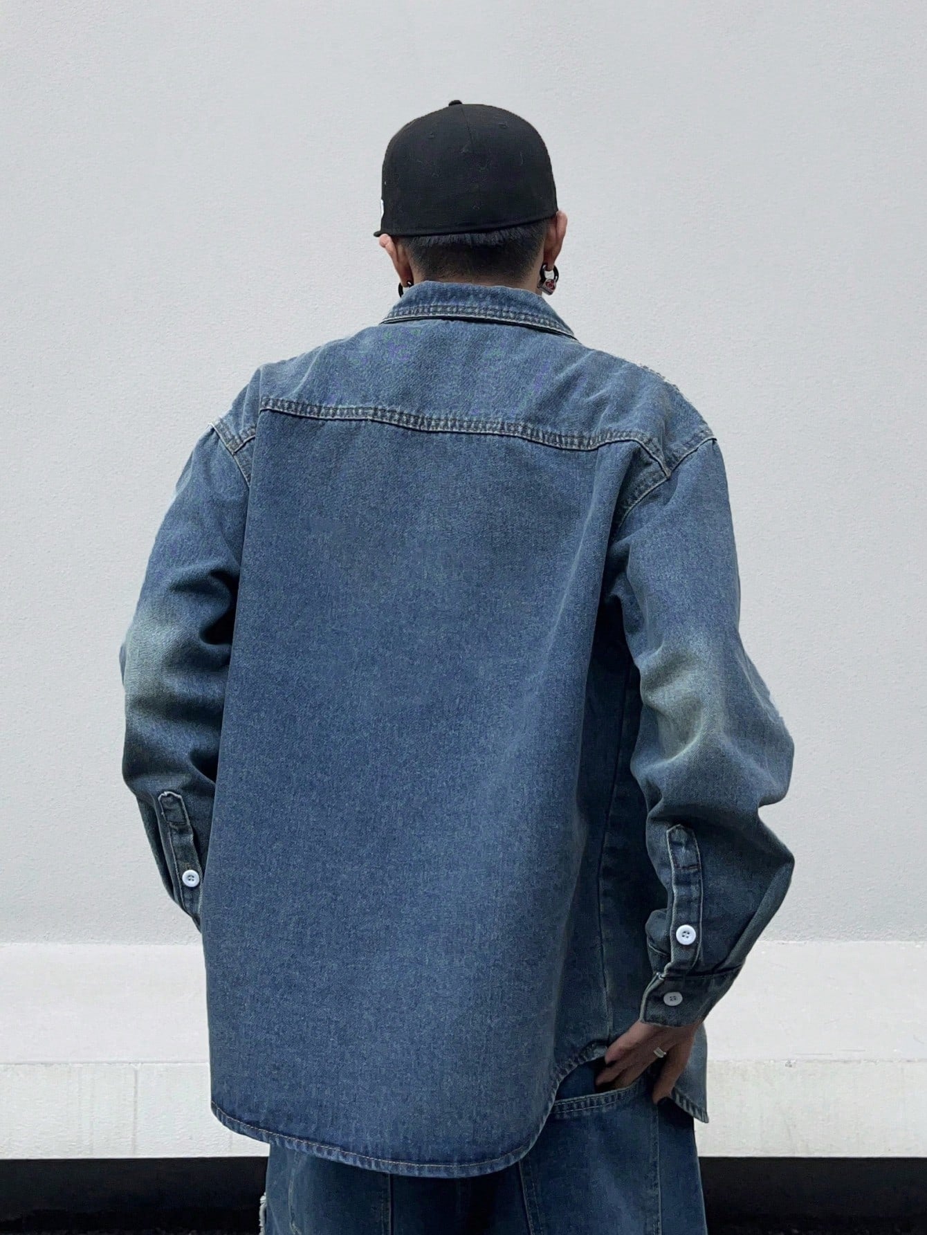 Japanese streetwear blue denim shirt – oversized cartoon star graphic print button-up long sleeve