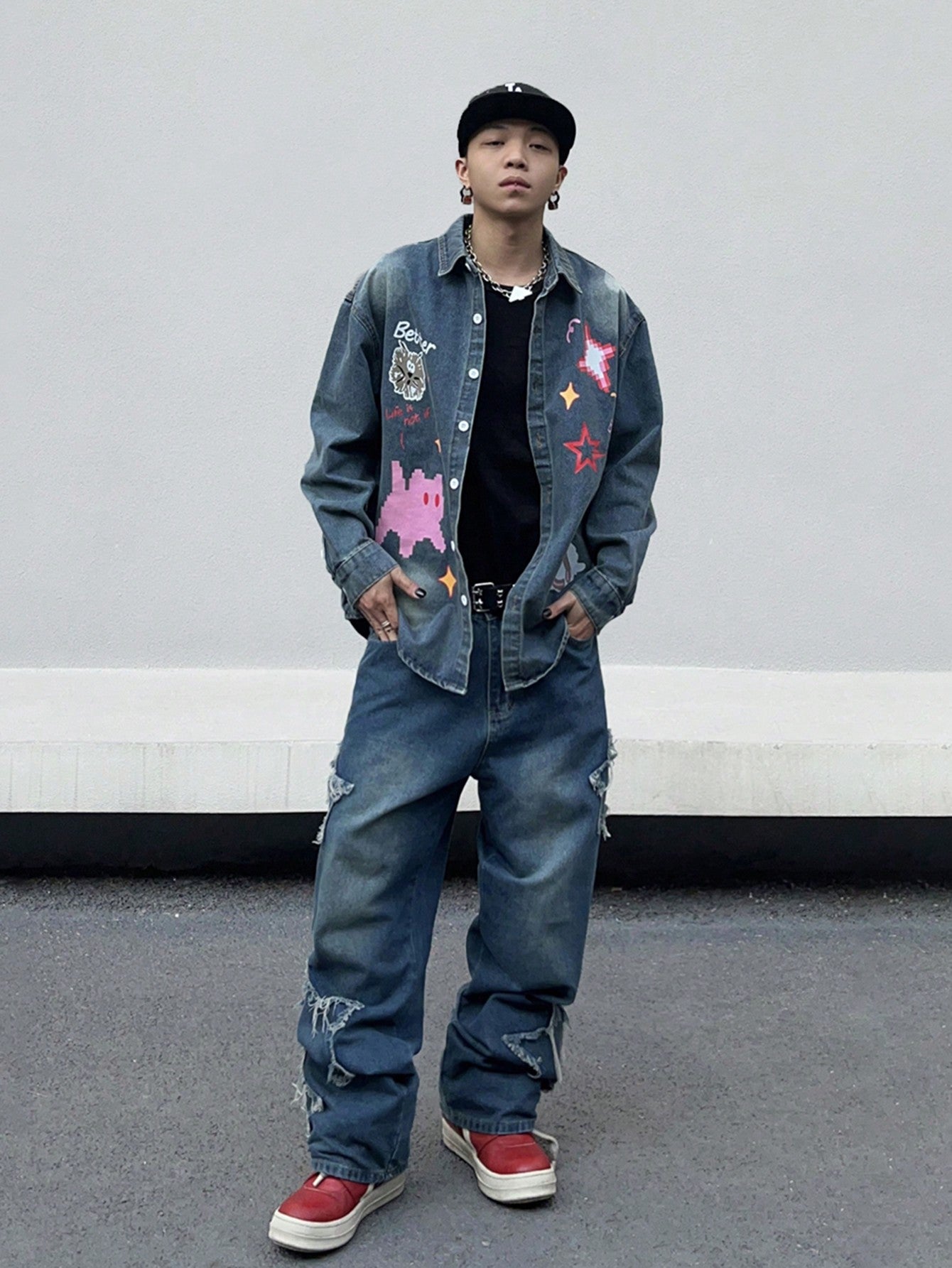 Japanese streetwear blue denim shirt – oversized cartoon star graphic print button-up long sleeve