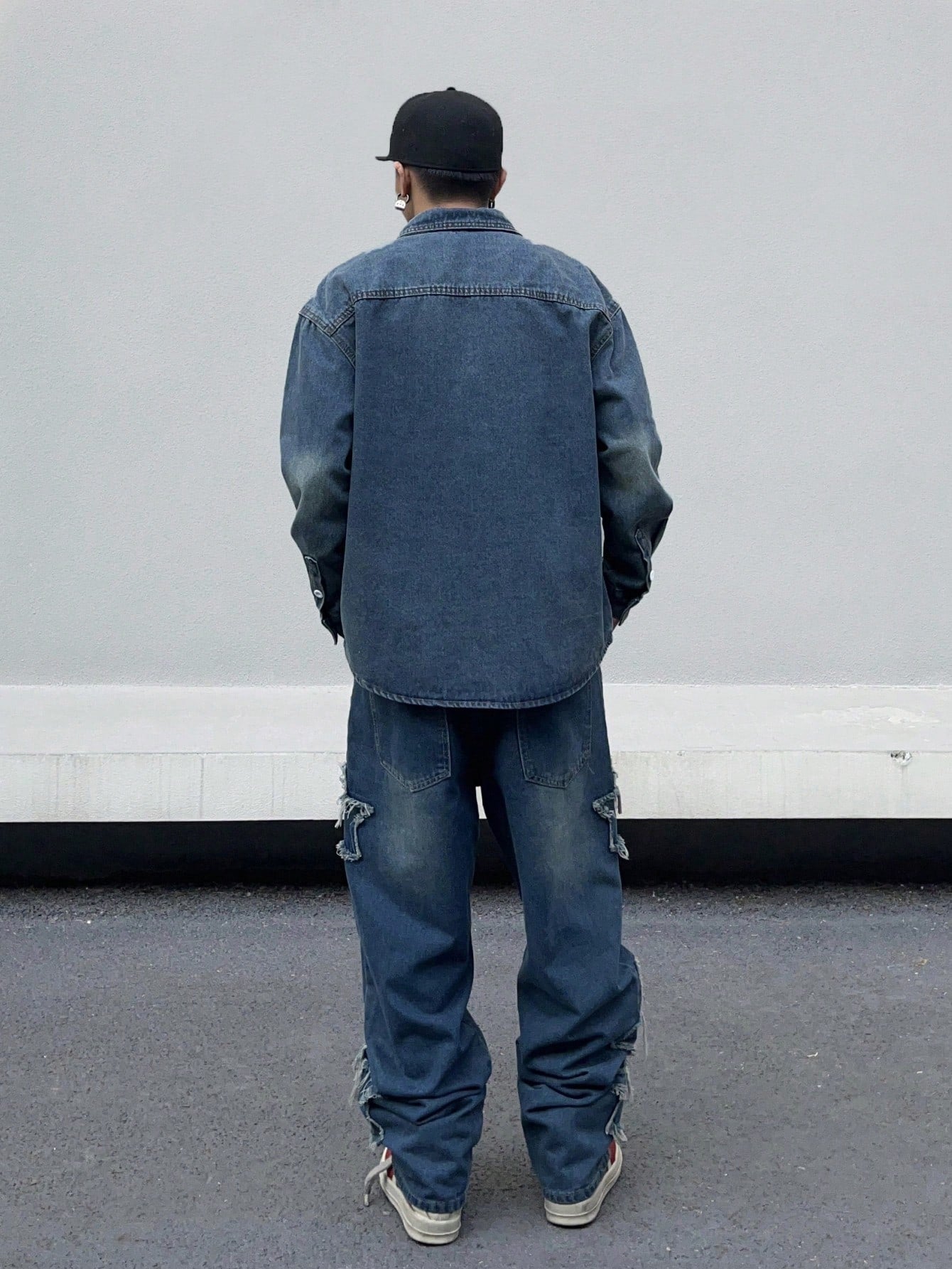 Japanese streetwear blue denim shirt – oversized cartoon star graphic print button-up long sleeve