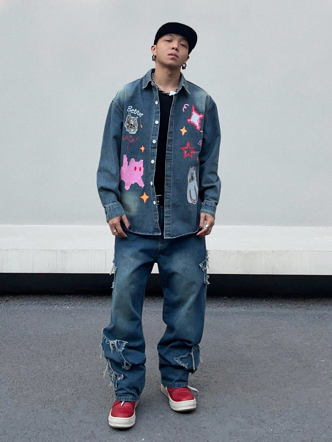 Japanese streetwear blue denim shirt – oversized cartoon star graphic print button-up long sleeve