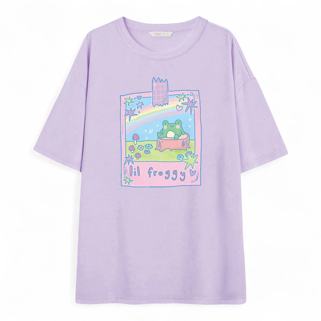 Kawaii Frog T-Shirt – Lilac Oversized Japanese Streetwear Tee