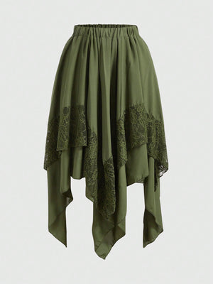 GOTHIC ASYMMETRICAL MIDI SKIRT WITH LACE – DARK ROMANTIC FLOWY HIGH WAIST STYLE