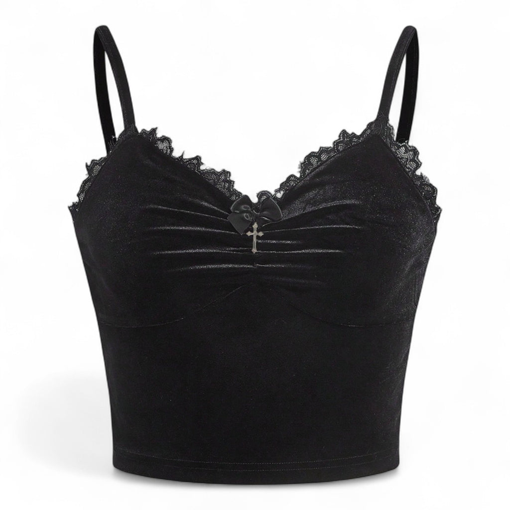 VELVET GOTHIC CAMI – BLACK LACE TRIM STRAP TOP WITH CROSS CHARM