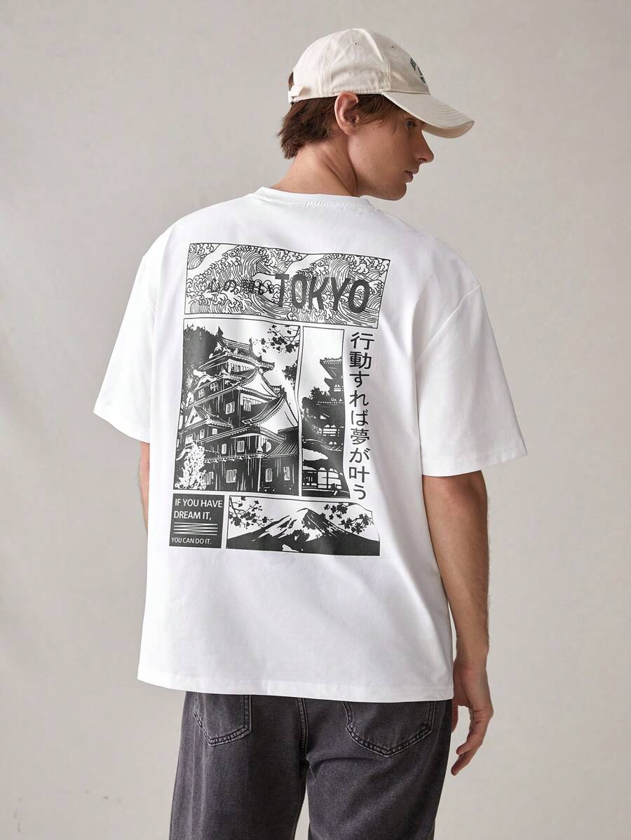 Tokyo oversized streetwear T-shirt with Japanese graphic print, slogan, and loose drop-shoulder fit