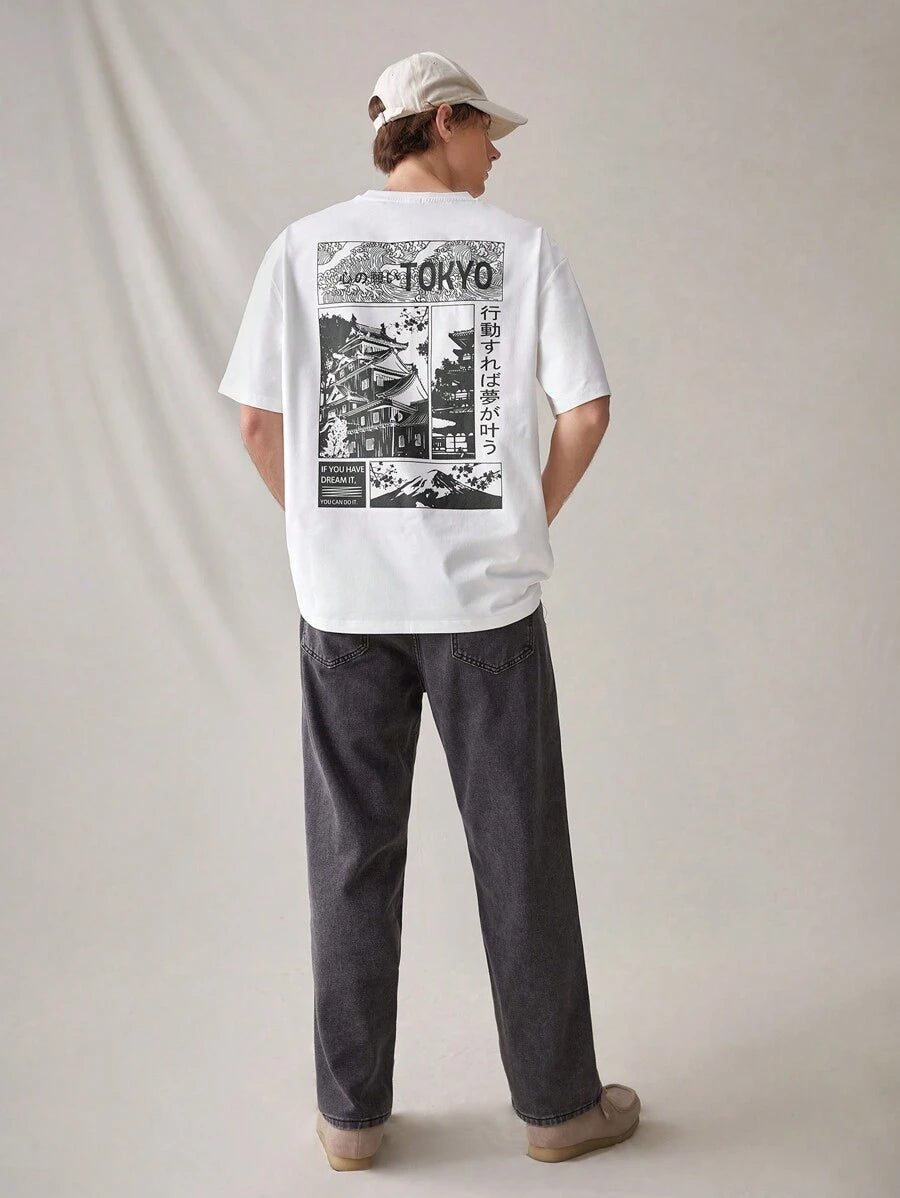 Tokyo oversized streetwear T-shirt with Japanese graphic print, slogan, and loose drop-shoulder fit
