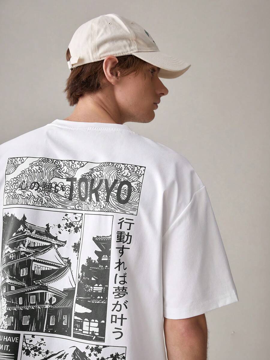 Tokyo oversized streetwear T-shirt with Japanese graphic print, slogan, and loose drop-shoulder fit