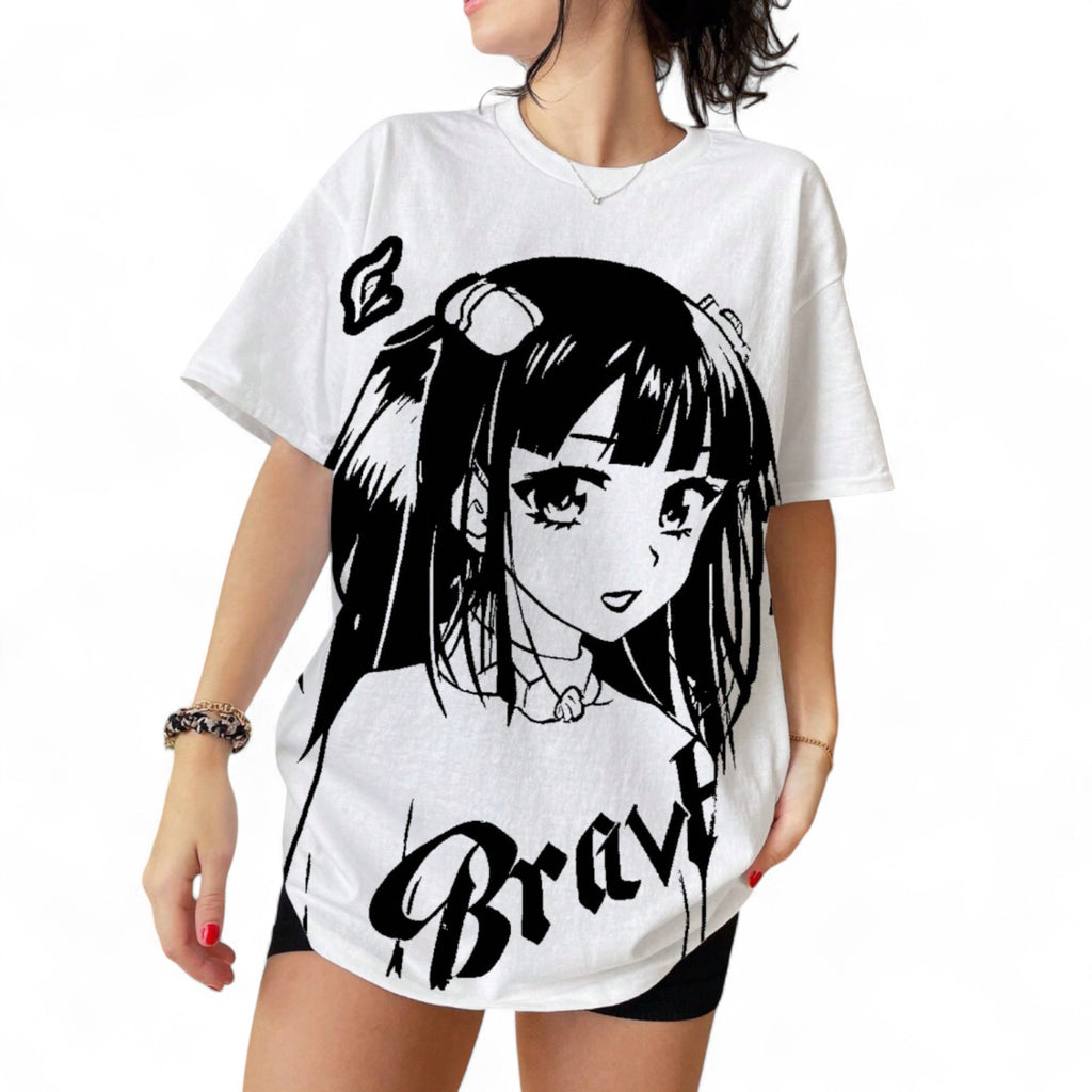 BRAVE ANIME GIRL TEE – BLACK & WHITE JAPANESE STREETWEAR SHIRT