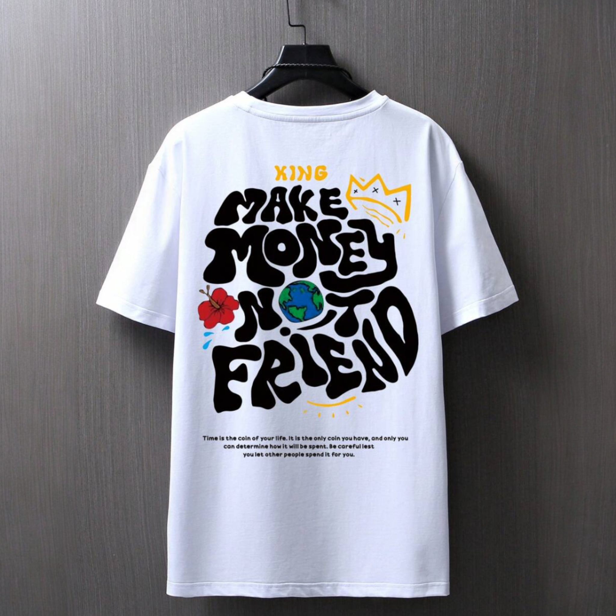 Japanese streetwear hip-hop graphic tee make money not friend oversized t-shirt white