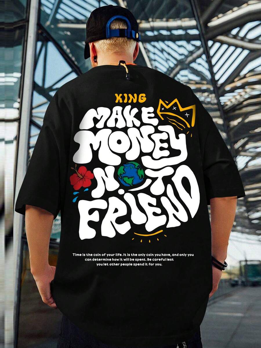 Japanese streetwear hip-hop graphic tee make money not friend oversized t-shirt black
