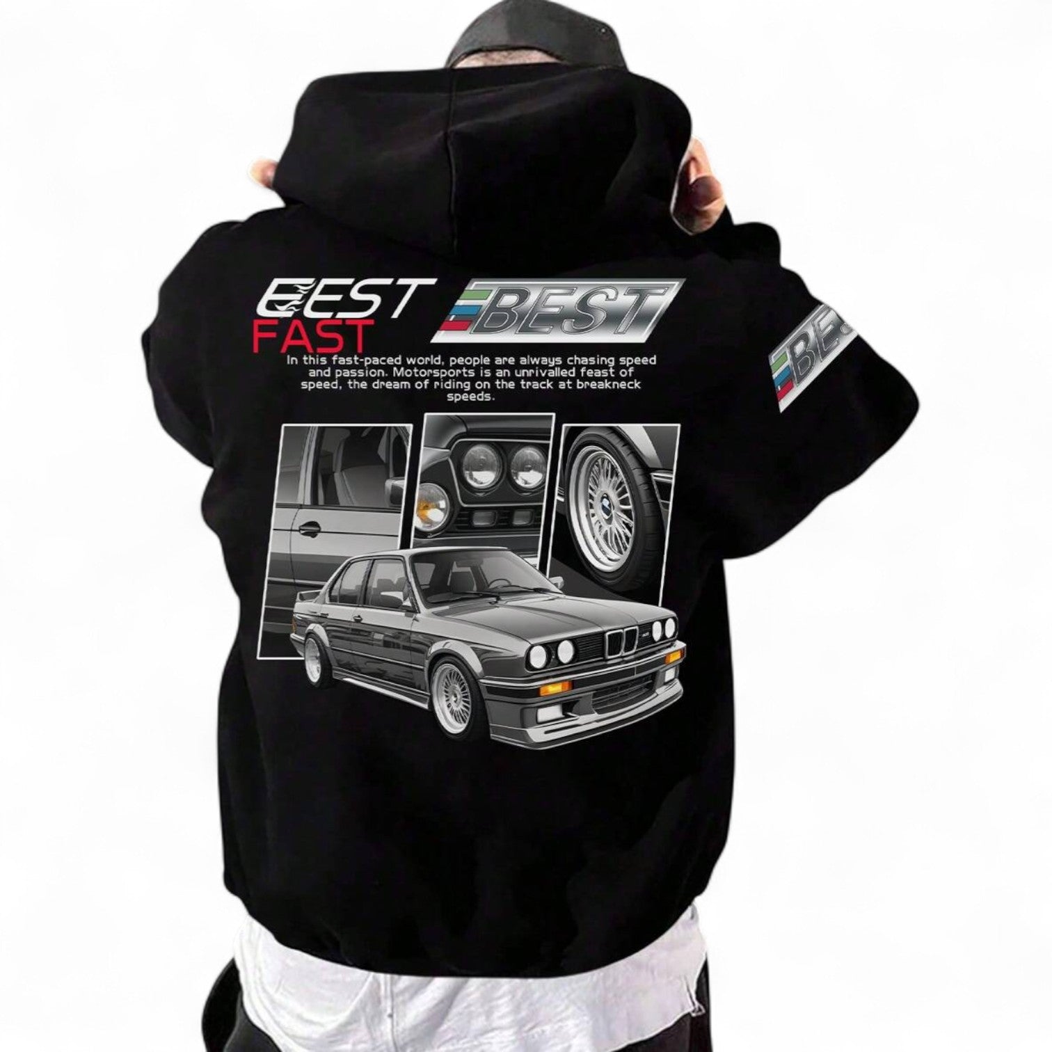 Black streetwear hoodie with car print, graphic slogan, and drop shoulders – Japanese biker aesthetic pullover