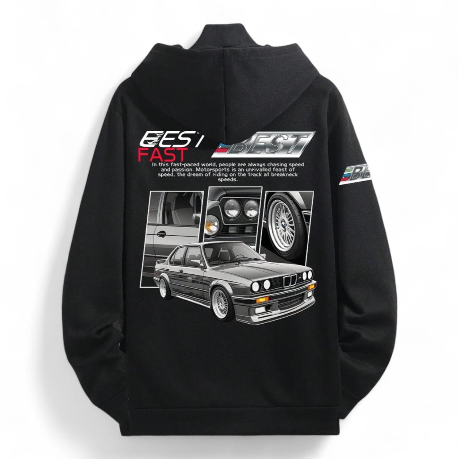 Black streetwear hoodie with car print, graphic slogan, and drop shoulders – Japanese biker aesthetic pullover