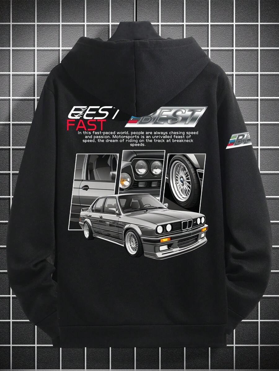 Black streetwear hoodie with car print, graphic slogan, and drop shoulders – Japanese biker aesthetic pullover