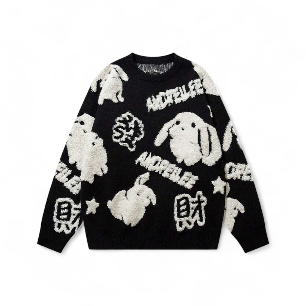 Japanese streetwear bunny knit sweater black cartoon pullover drop shoulder kawaii Harajuku winter fashion
