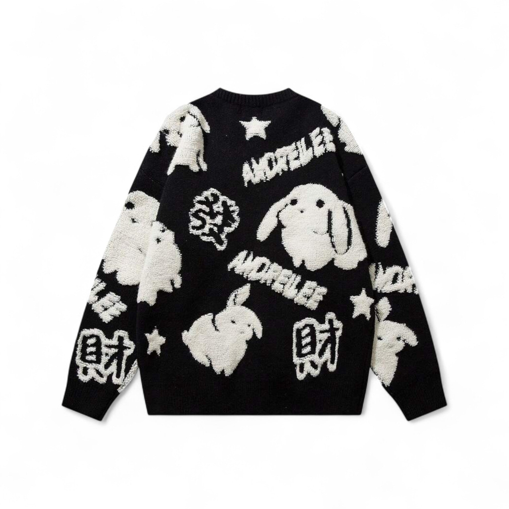 Japanese streetwear bunny knit sweater black cartoon pullover drop shoulder kawaii Harajuku winter fashion