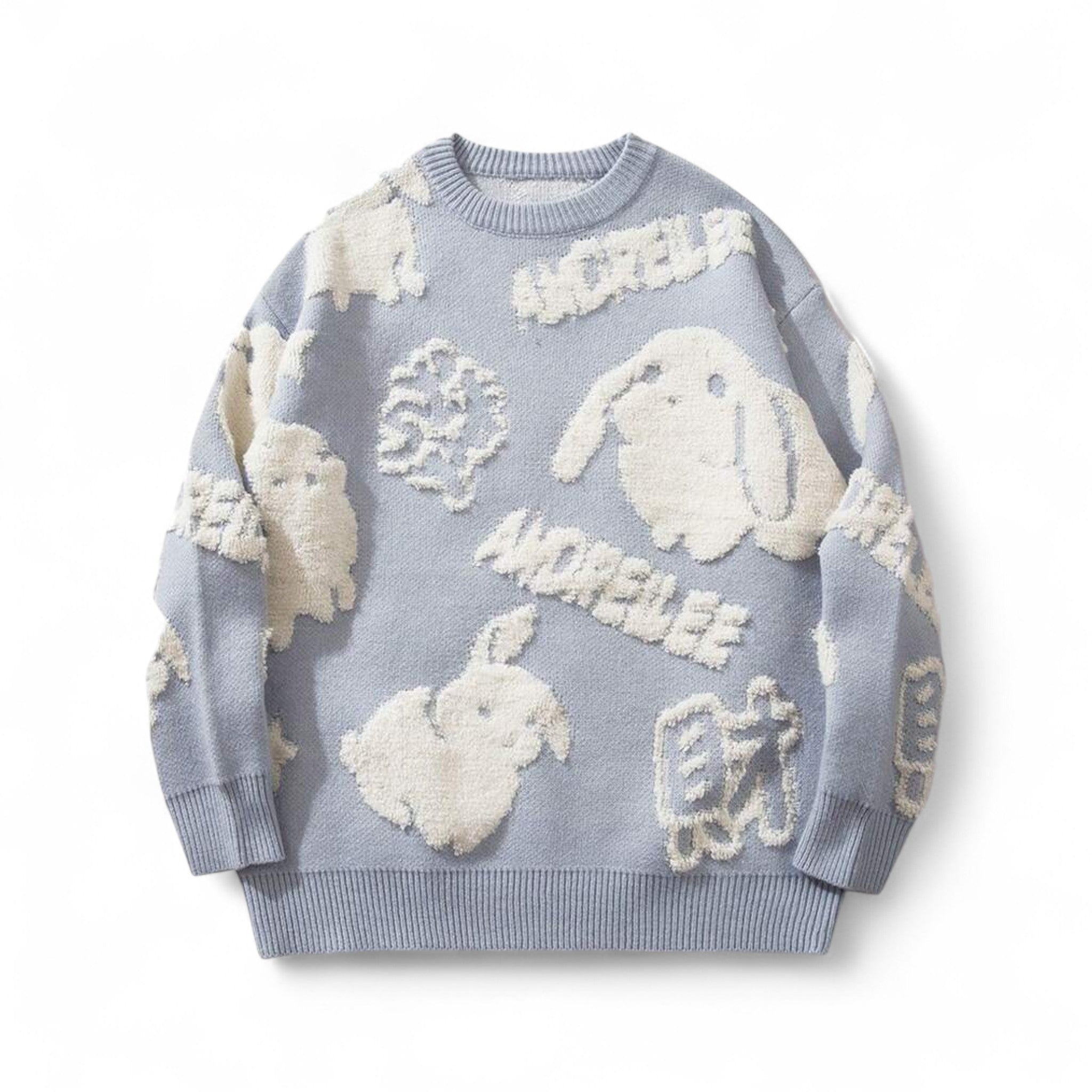 Japanese streetwear bunny knit sweater blue cartoon pullover drop shoulder kawaii Harajuku winter fashion