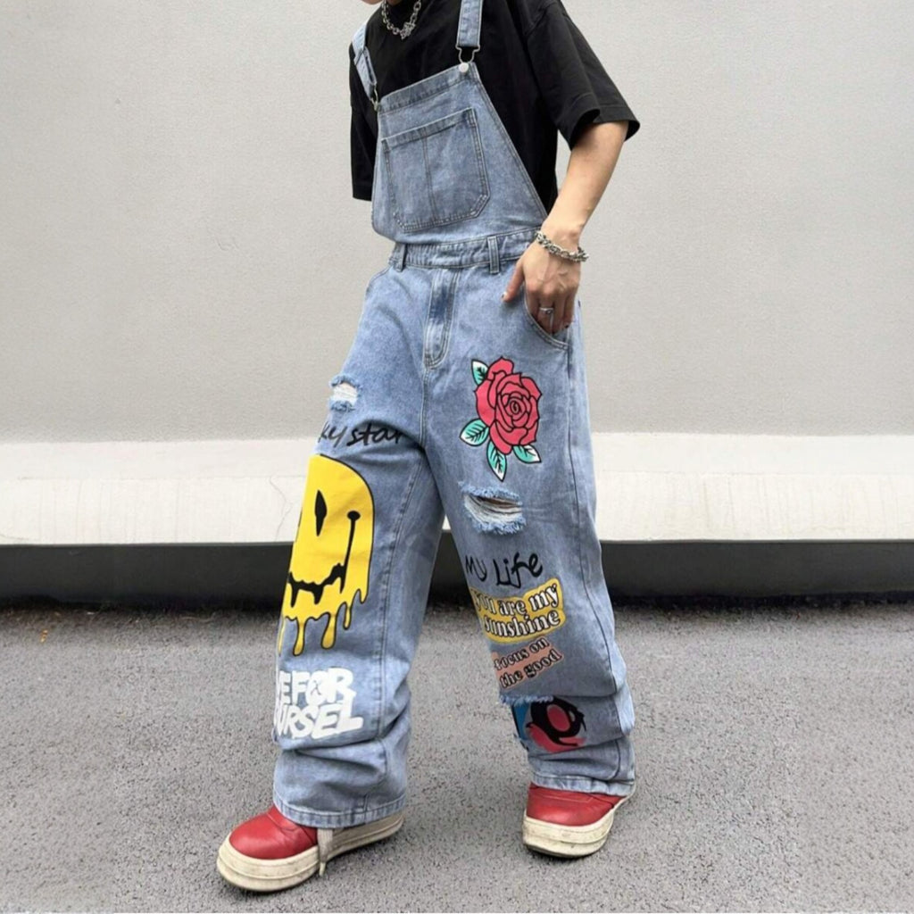 Loose denim overalls with graffiti cartoon patches, streetwear hip-hop fashion for men and women