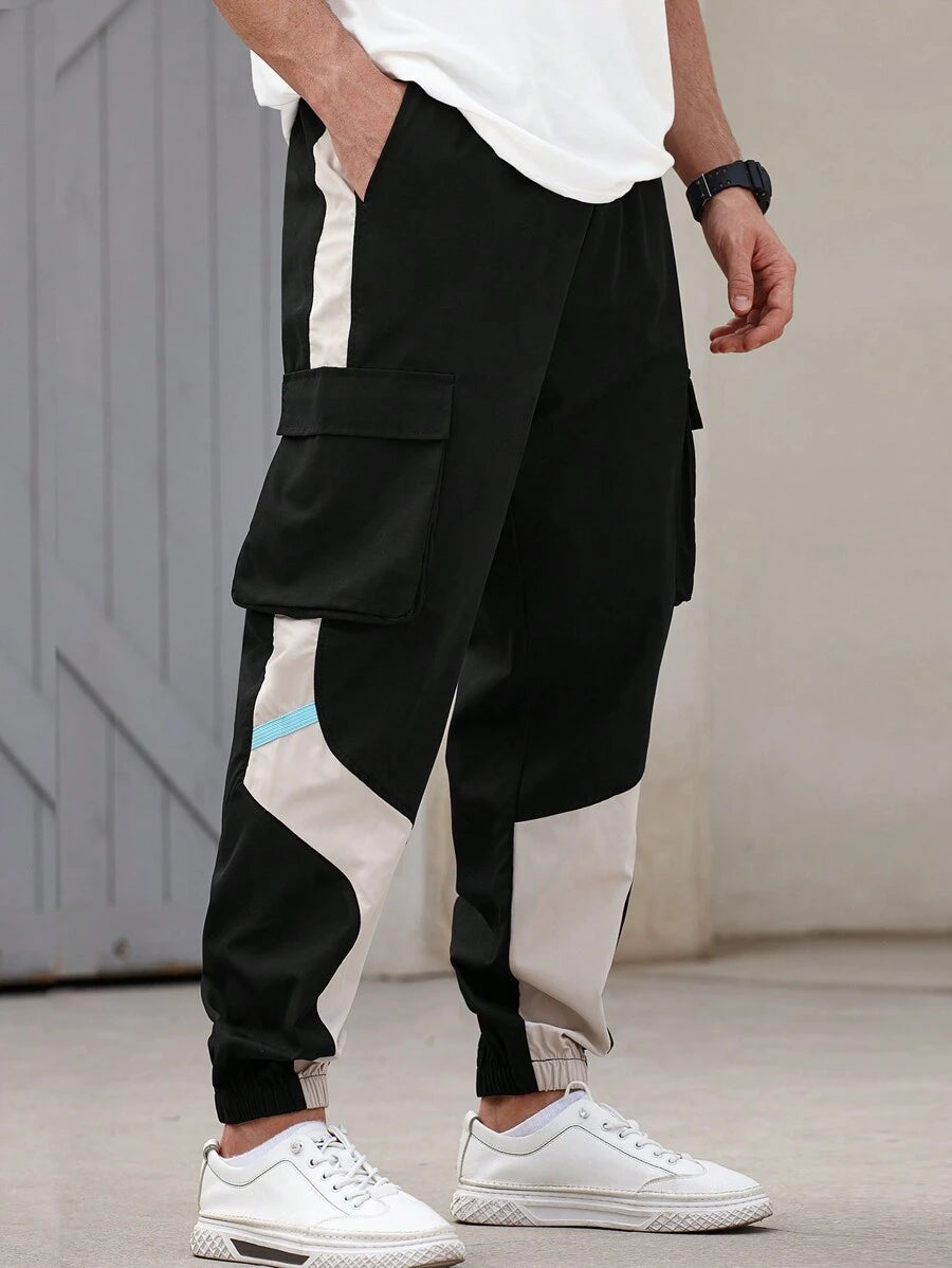 Men’s Japanese streetwear jogger pants with colorblock design and cargo pockets