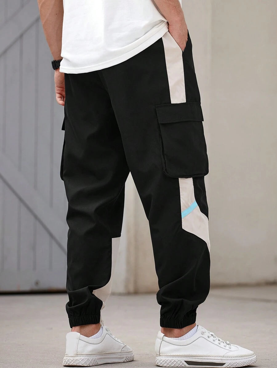 Men’s Japanese streetwear jogger pants with colorblock design and cargo pockets
