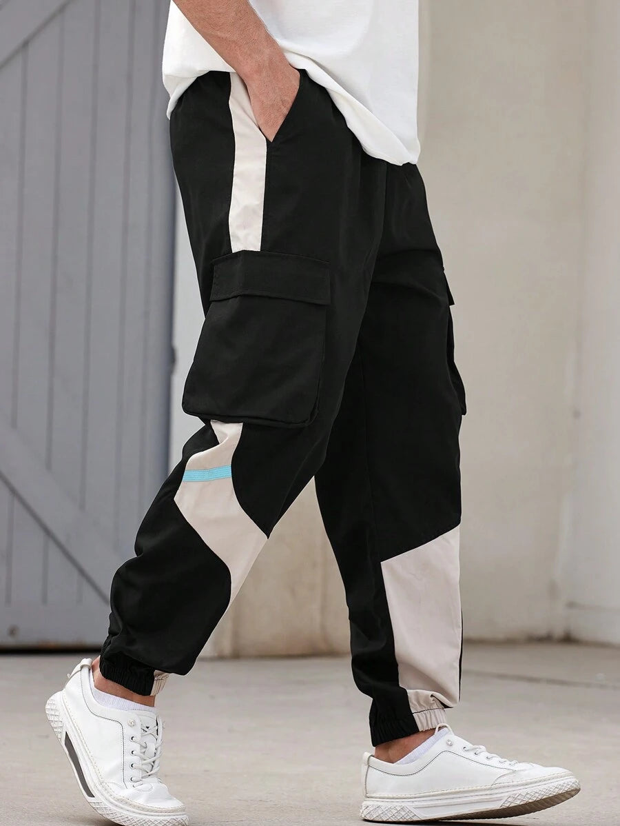 Men’s Japanese streetwear jogger pants with colorblock design and cargo pockets