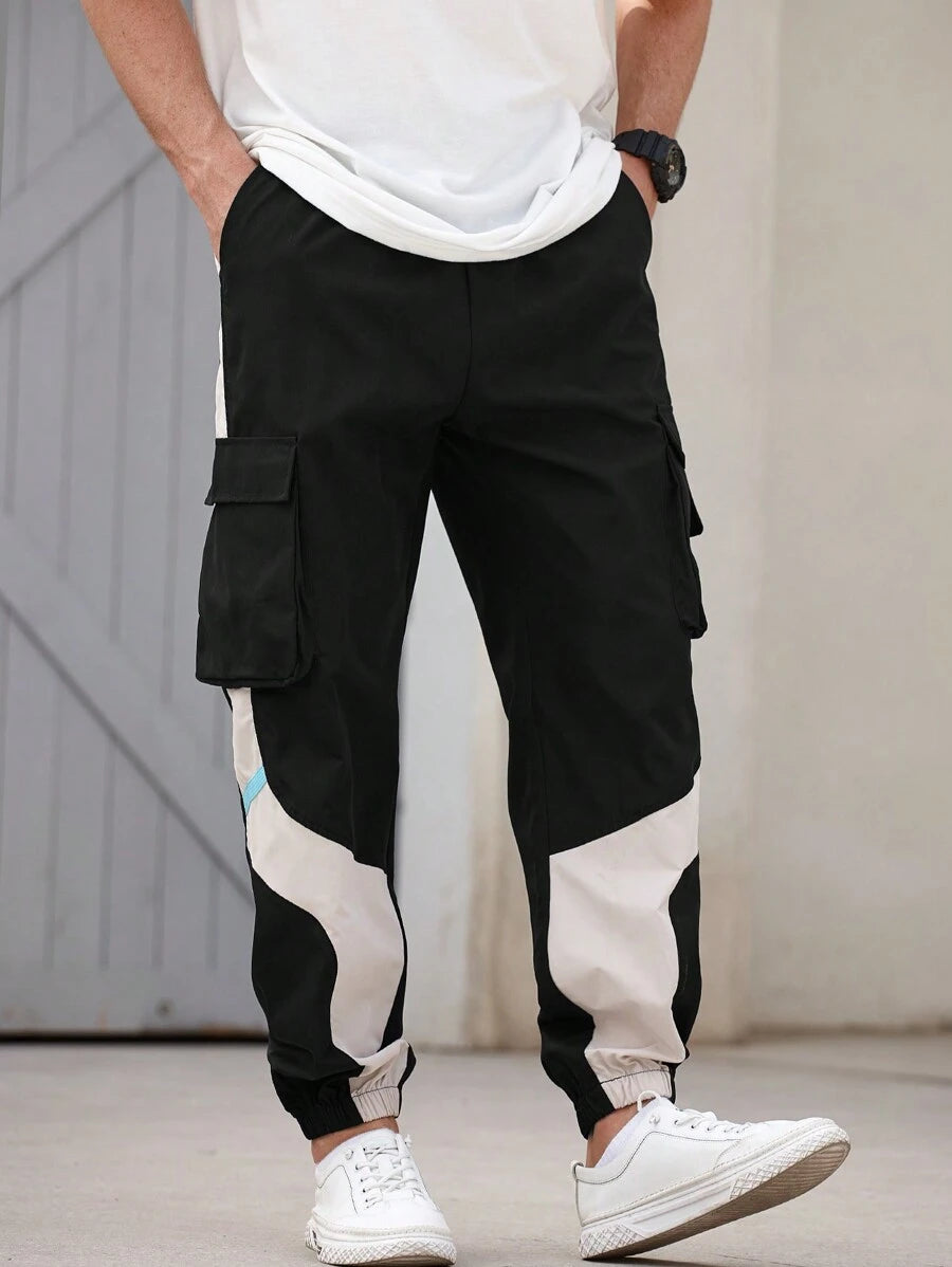 Men’s Japanese streetwear jogger pants with colorblock design and cargo pockets