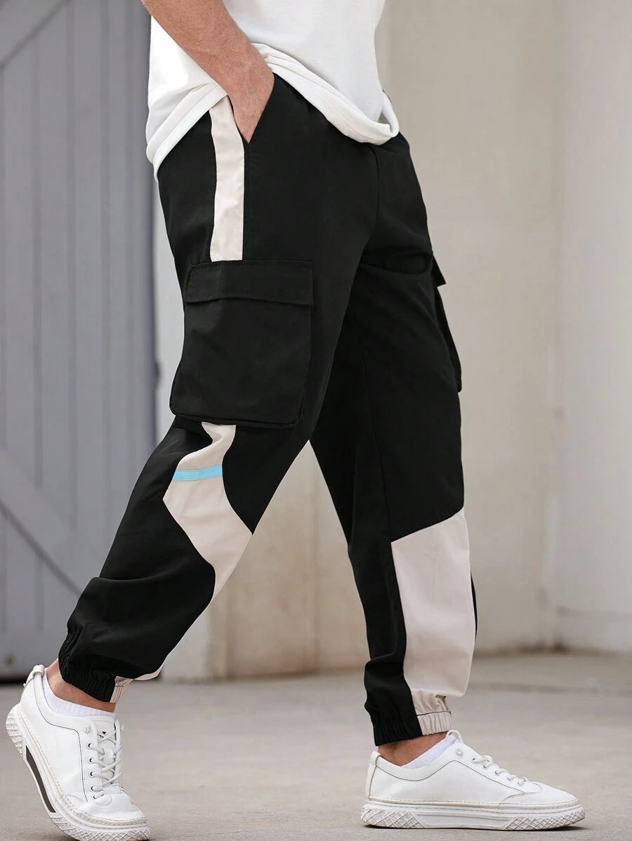 Men’s Japanese streetwear jogger pants with colorblock design and cargo pockets