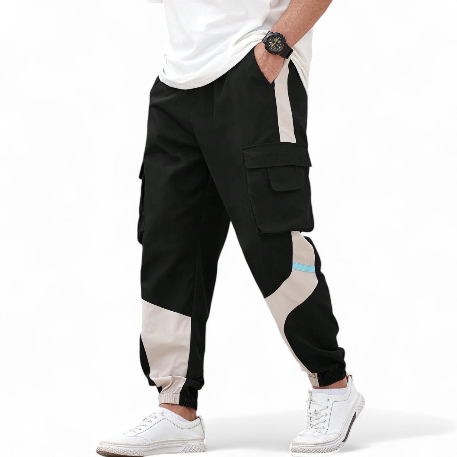 Men’s Japanese streetwear jogger pants with colorblock design and cargo pockets