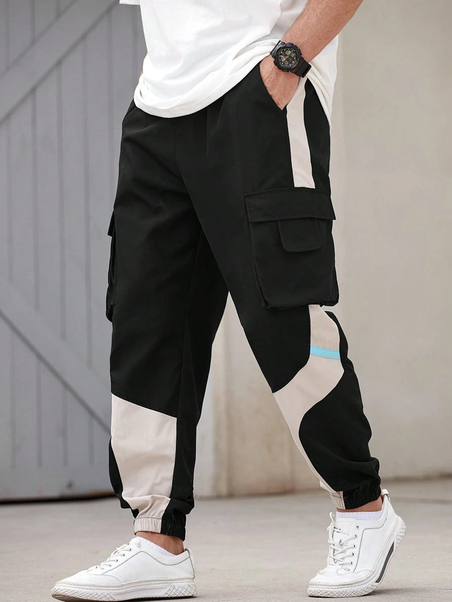 Men’s Japanese streetwear jogger pants with colorblock design and cargo pockets