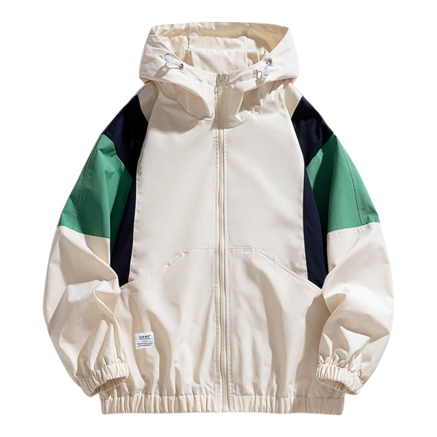 Cream and Green Colorblock Outdoor Jacket – Lightweight Hooded Streetwear with Zipper and Pockets