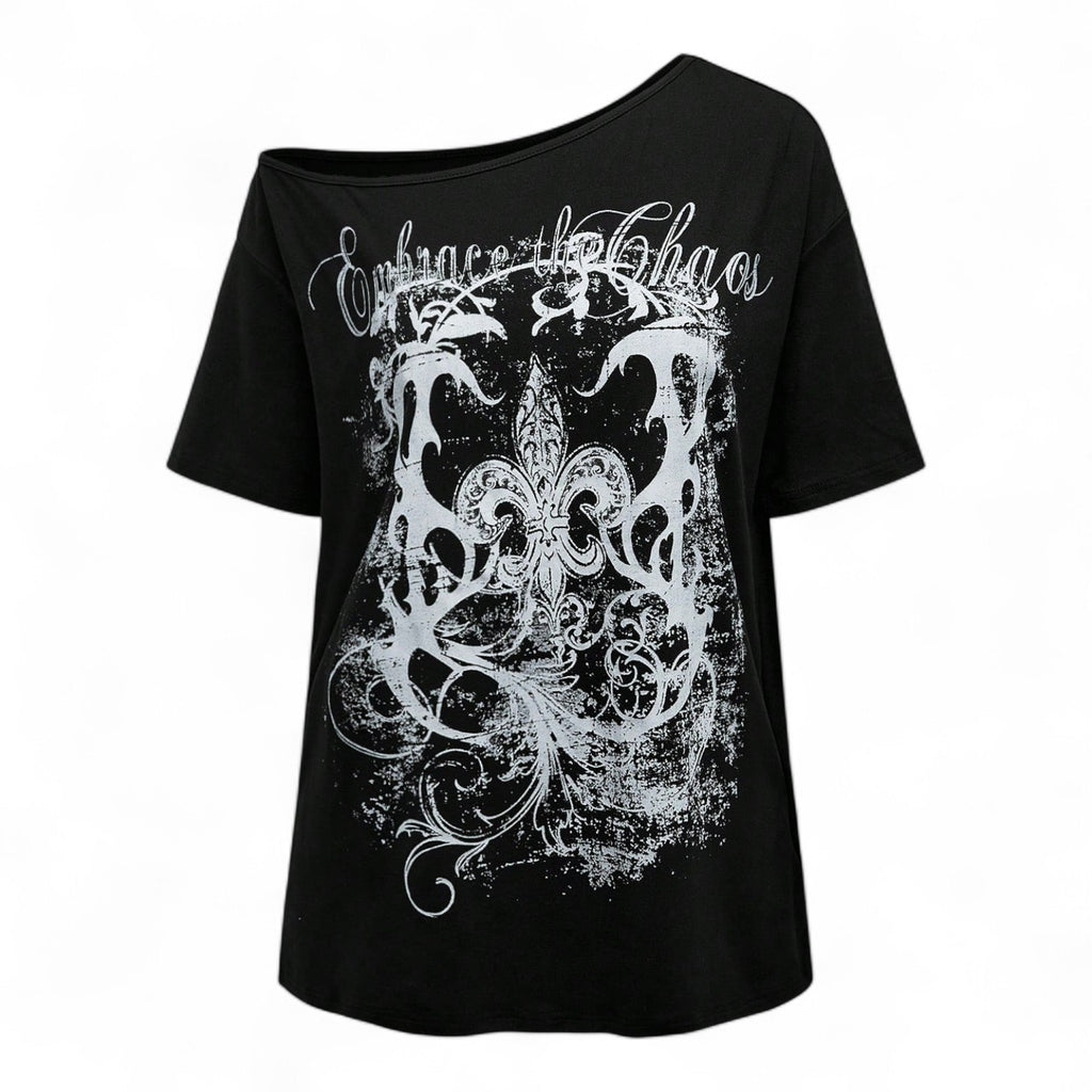 EMBRACE THE CHAOS ASYMMETRIC BLACK TEE – EDGY GOTHIC GRAPHIC STREETWEAR TOP