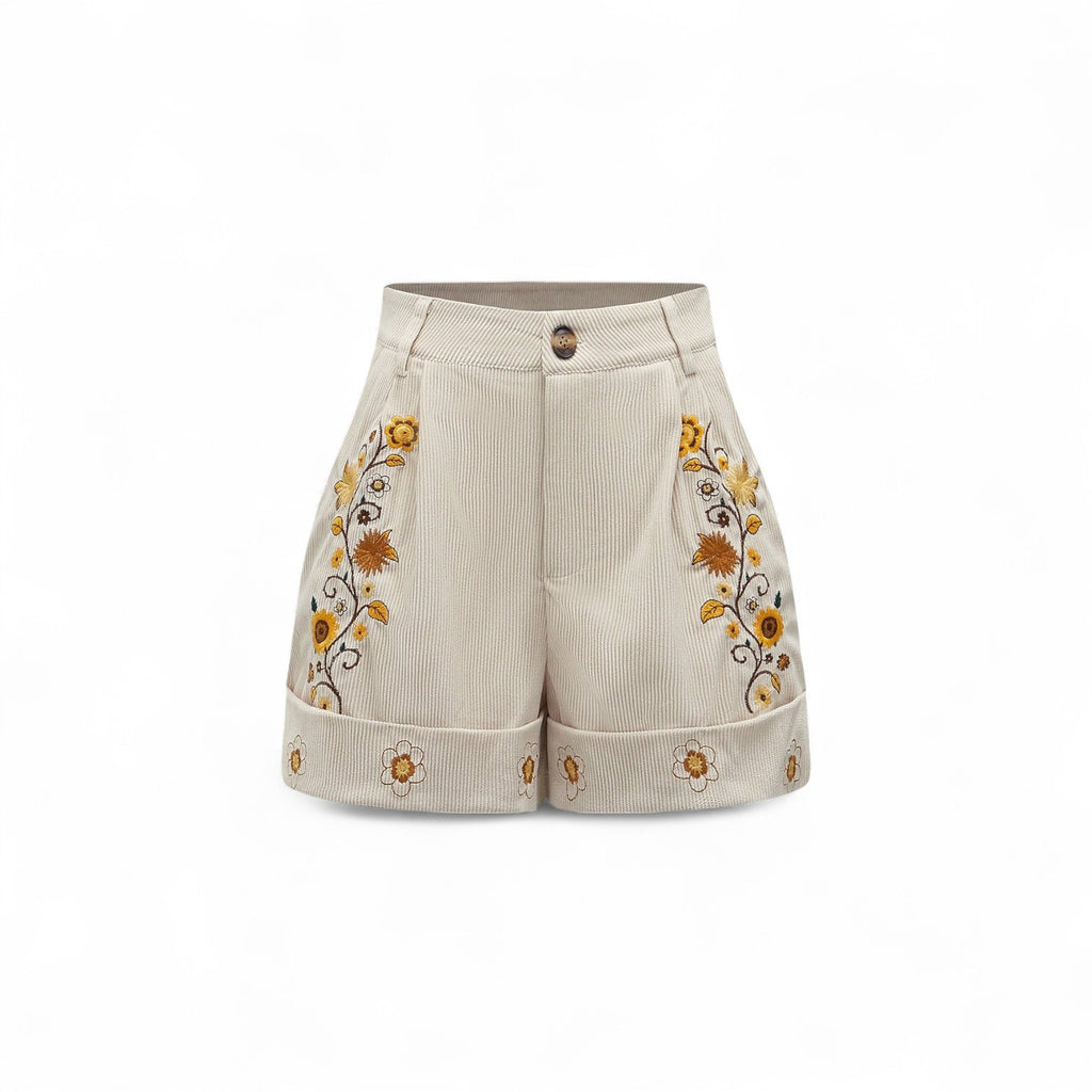 VINTAGE FLORAL EMBROIDERED CORDUROY SHORTS – RETRO BOHO SUMMER STYLE


