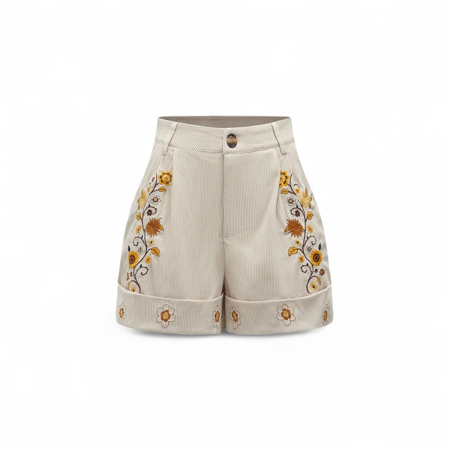 VINTAGE FLORAL EMBROIDERED CORDUROY SHORTS – RETRO BOHO SUMMER STYLE

