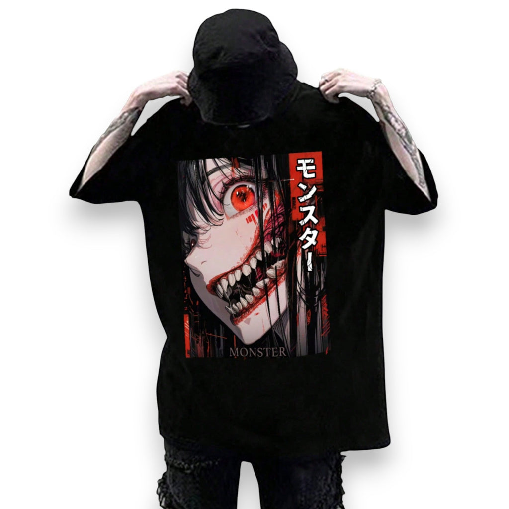 Black Japanese Horror Anime T-Shirt with Monster Girl Graphic and モンスター Kanji